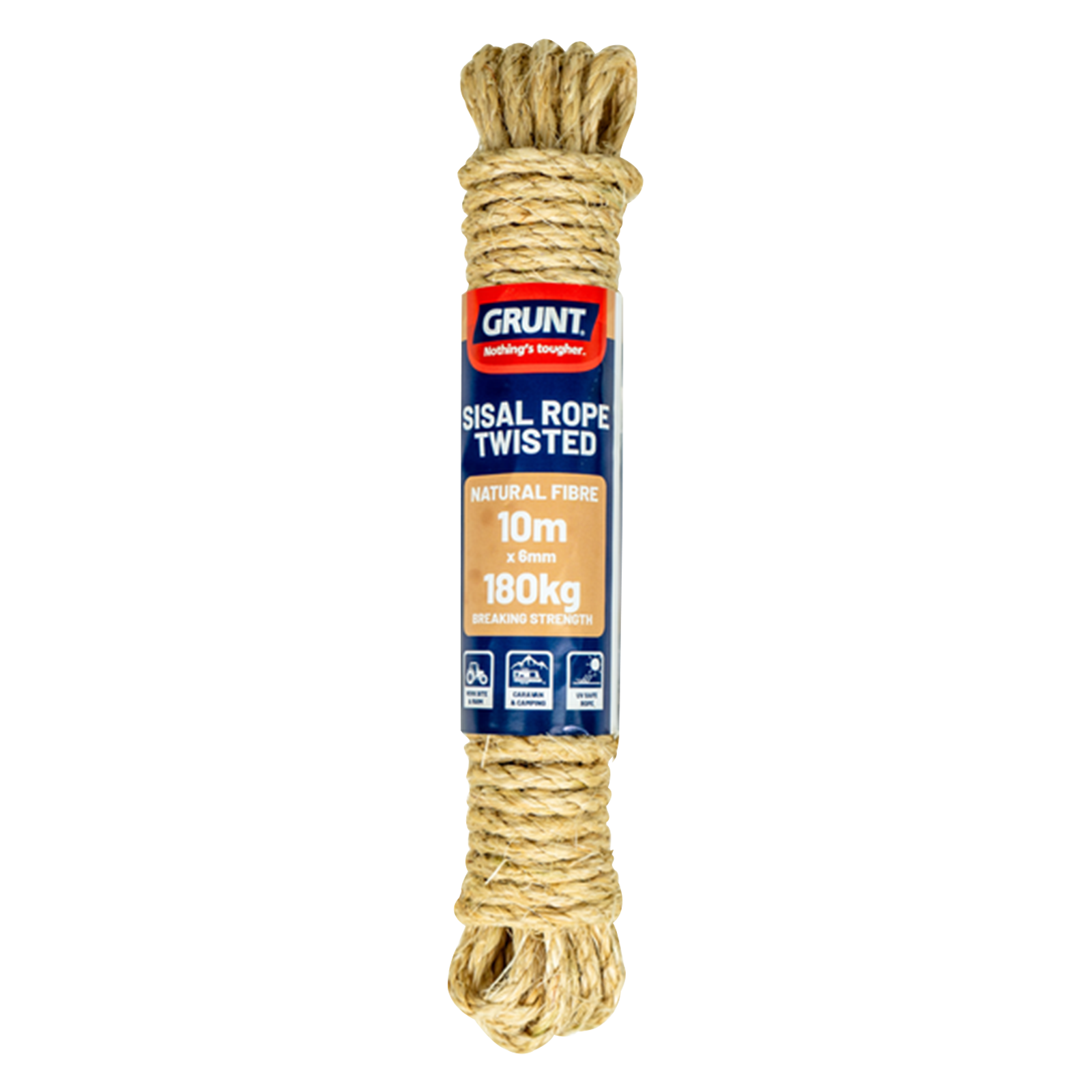 Grunt 6mm x 10m Sisal Twisted Rope, Natural Fibre, 180kg Break Strength, Weather Resistant