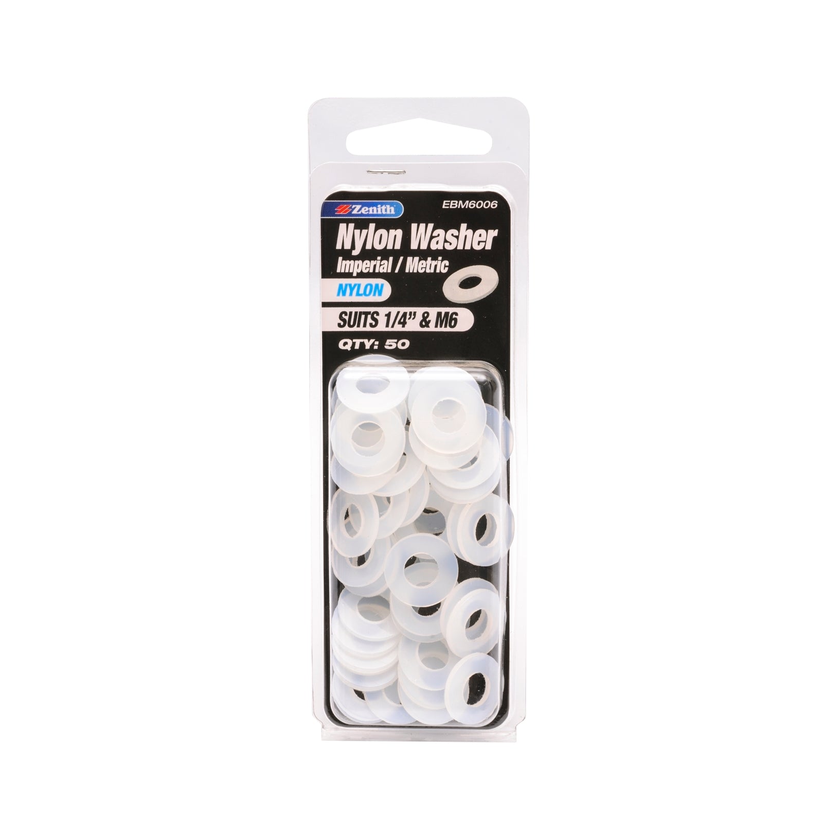 Zenith 1/4" and M6 White Nylon Round Washers - 50 Pack