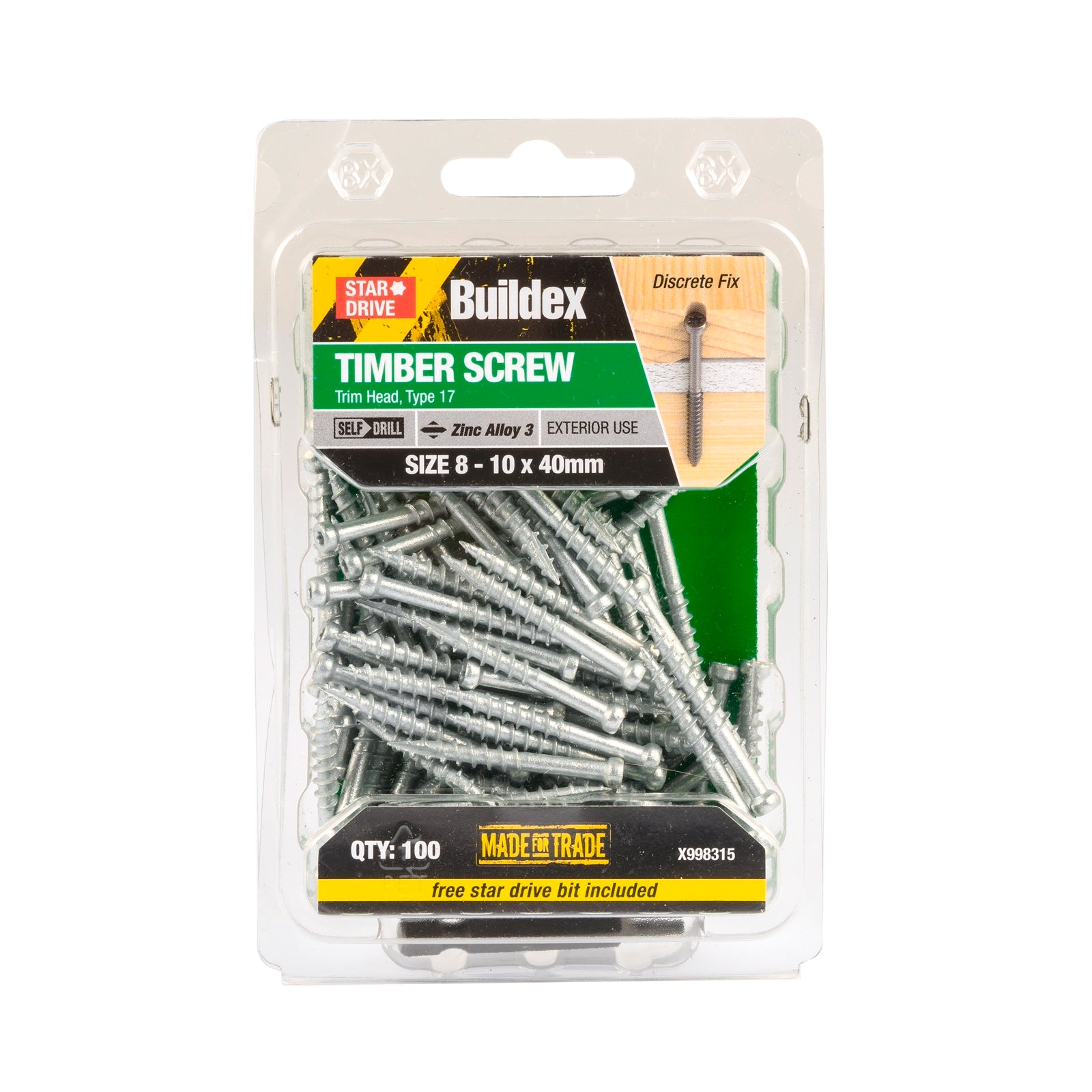 Buildex 8-10 x 40mm Zinc Alloy 3 Trim Head Timber Screw - 100 Pack