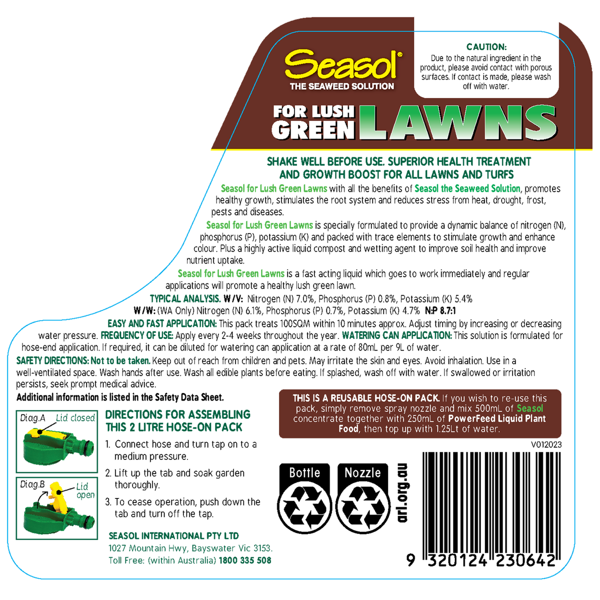 Seasol 2 x 2L Ready To Use Lawn Fertiliser Twin Pack with Wetting Agent, Covers 200sqm
