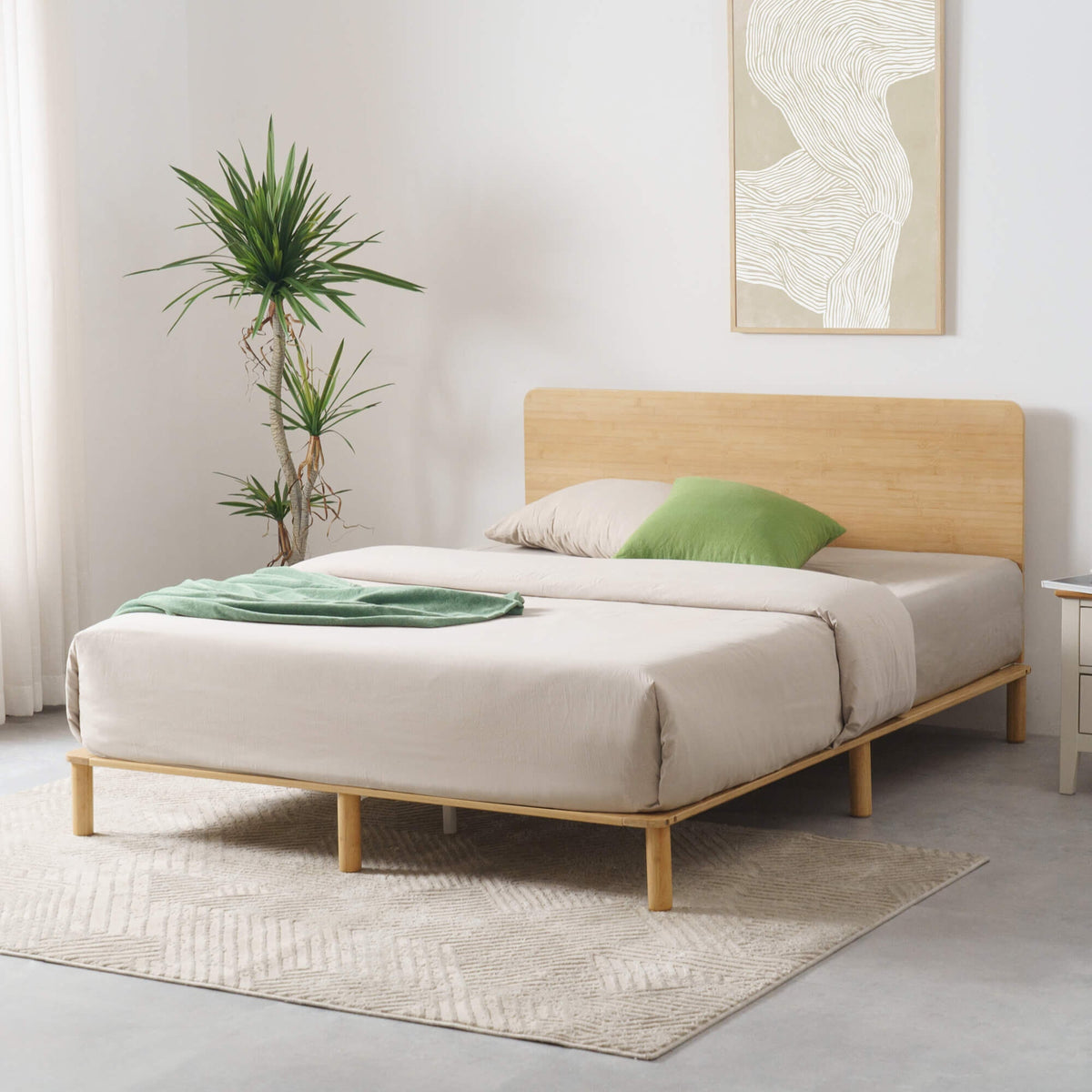 Zinus Double Bamboo Bed Frame - Natural Bamboo and Metal, Built-In Headboard, Slatted Base - AU-FPWNH2ZC-08D