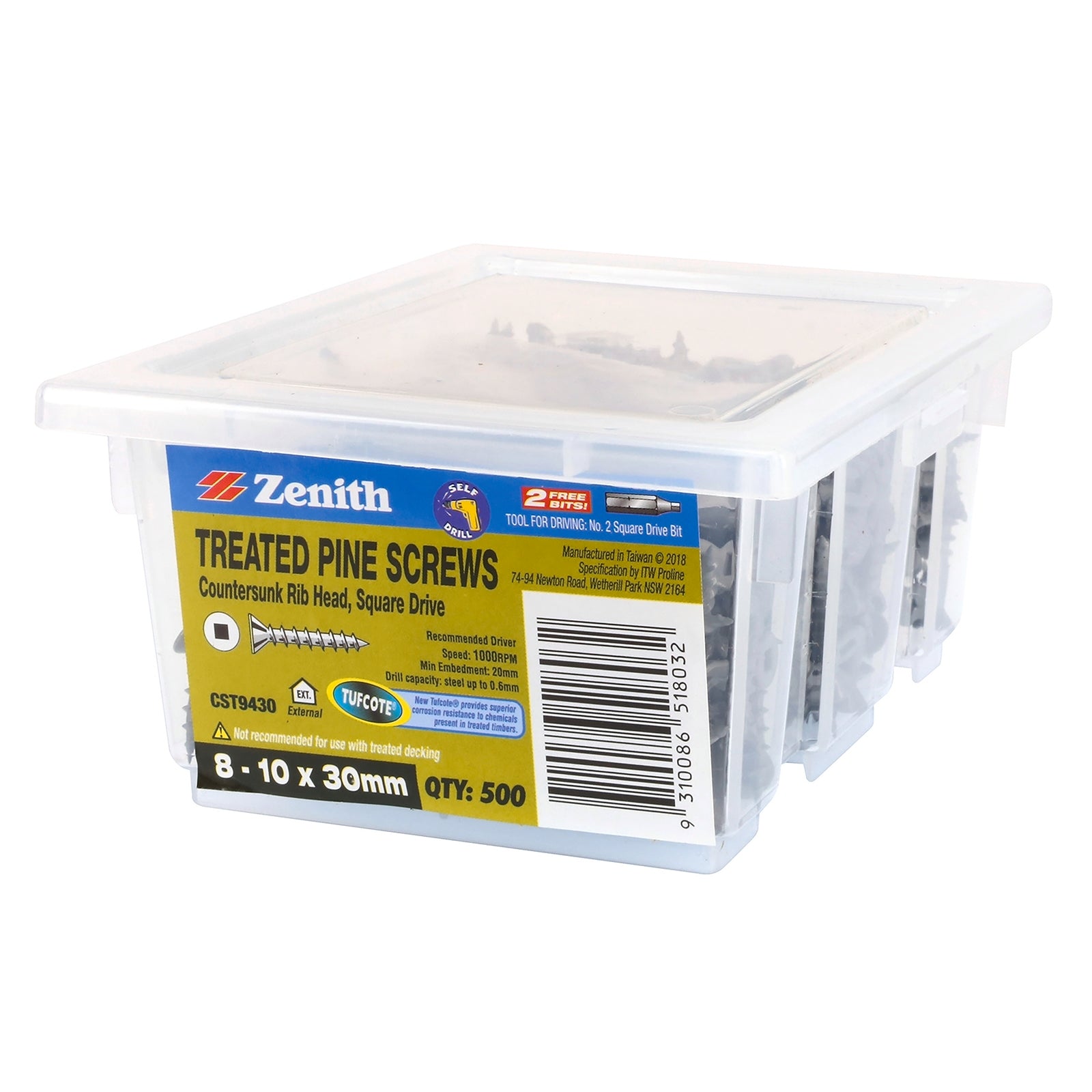 Zenith 8-10 x 30mm Tufcote Countersunk Treated Pine Screws - 500 Pack
