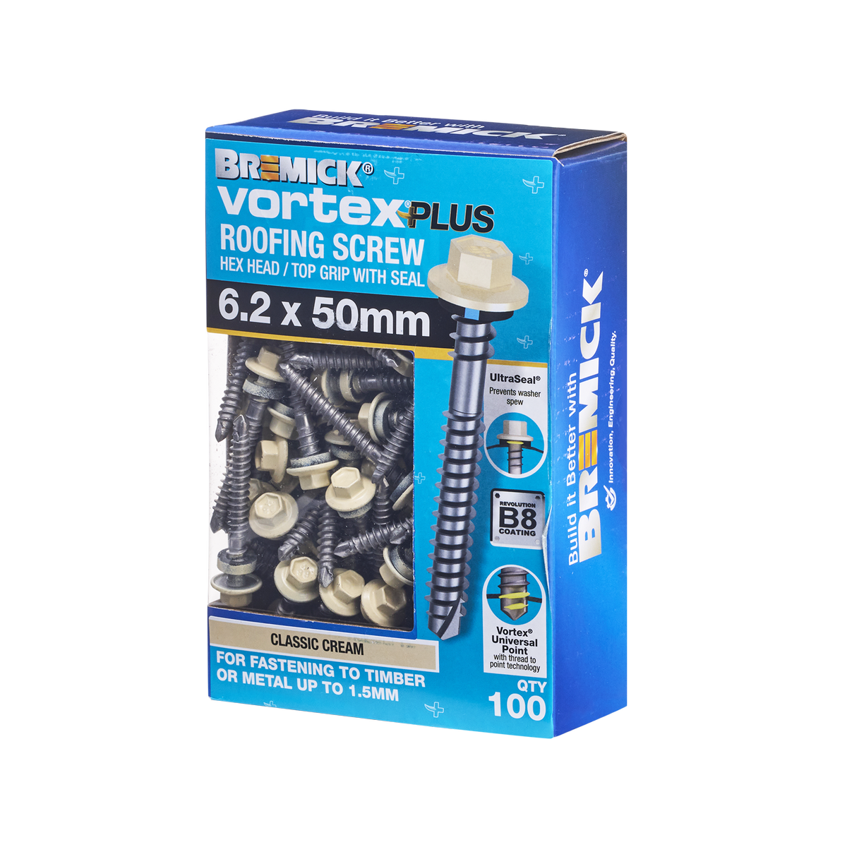 Bremick Vortex Plus Roofing Screw 6.2 x 50mm - Hex B8 - Box of 100 - Watertight Seal - Durable Carbon Steel - SuperSaverAU - view 1