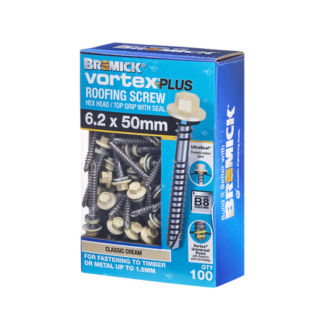 Bremick Vortex Plus Roofing Screw 6.2 x 50mm - Hex B8 - Box of 100 - Watertight Seal - Durable Carbon Steel - SuperSaverAU - view 1
