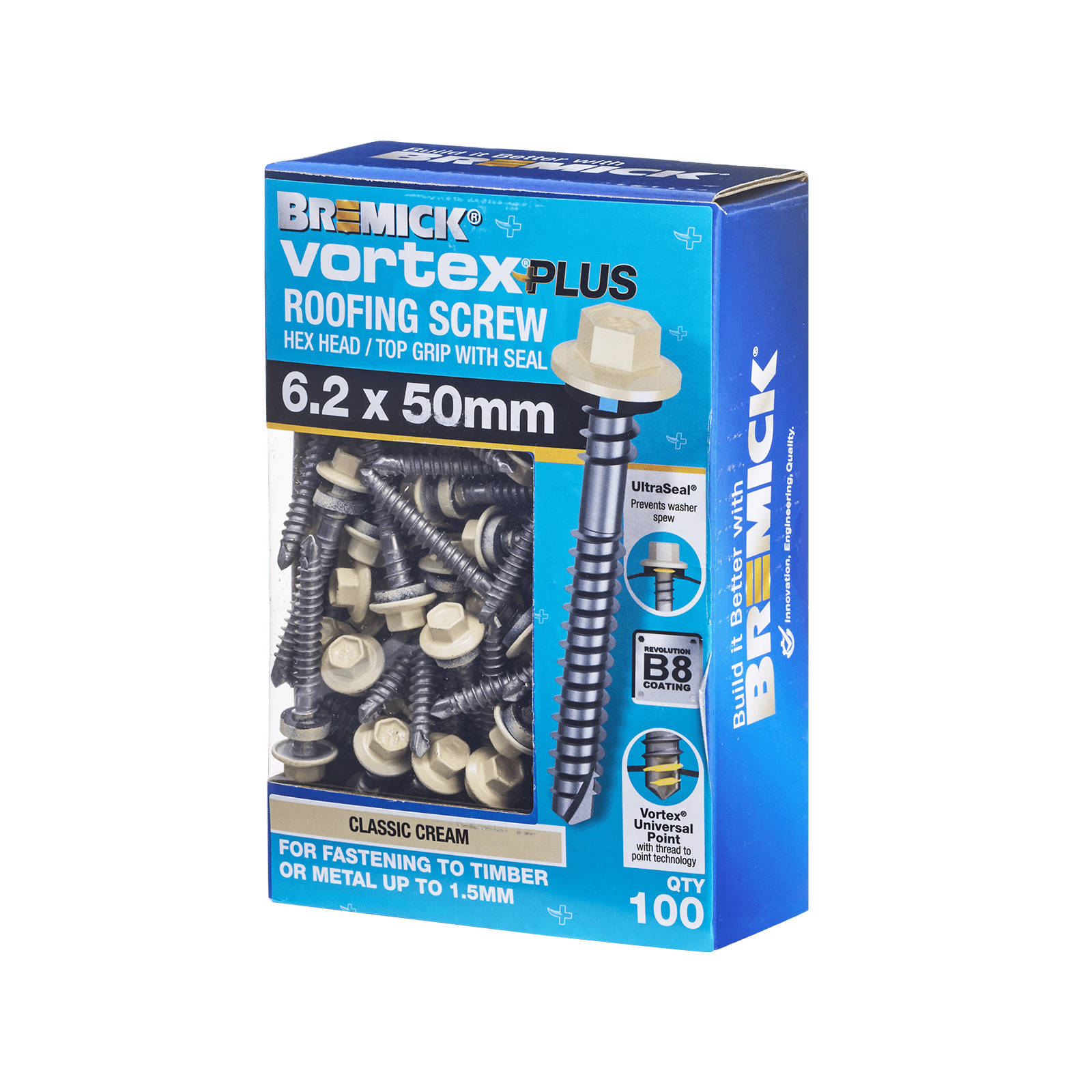 Bremick Vortex Plus 6.2 x 50mm Hex Roofing Screws B8 Classic Cream - 100 Pack