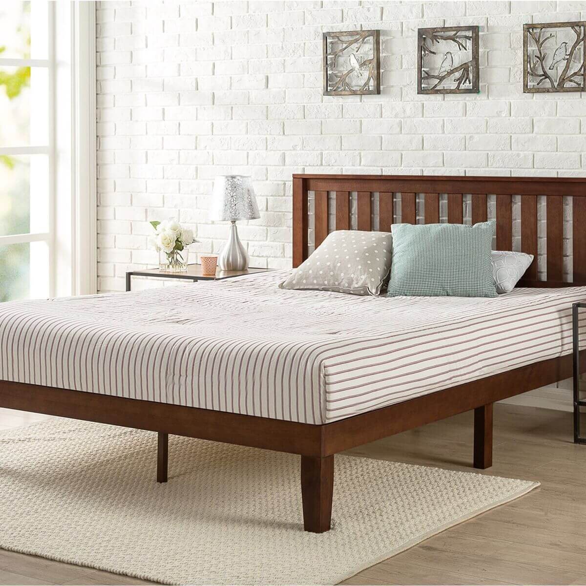 Zinus Queen deluxe solid wood bed frame - dark brown pine, panelled headboard - AU-PWPBBHE-12Q