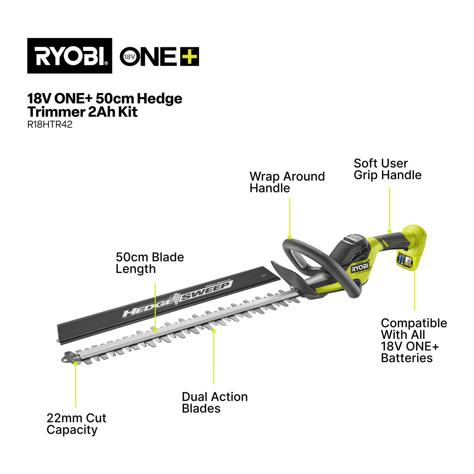 Ryobi 18V ONE+ 50cm Hedge Trimmer 2.0Ah Battery & Charger Kit R18HTR42