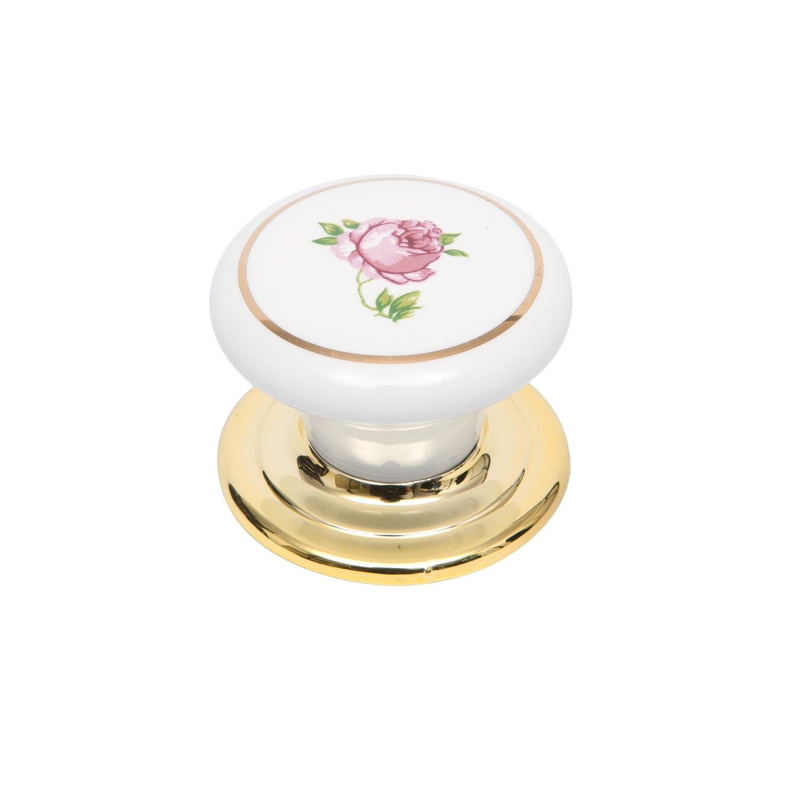 Prestige 38mm Pink Flower White Ceramic Knob with Brass Plate, Cabinet Drawer Knob