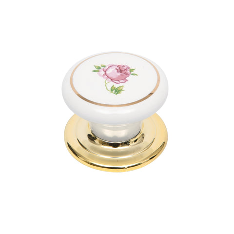 Prestige 38mm Pink Flower White Ceramic Knob with Brass Plate, Cabinet Drawer Knob