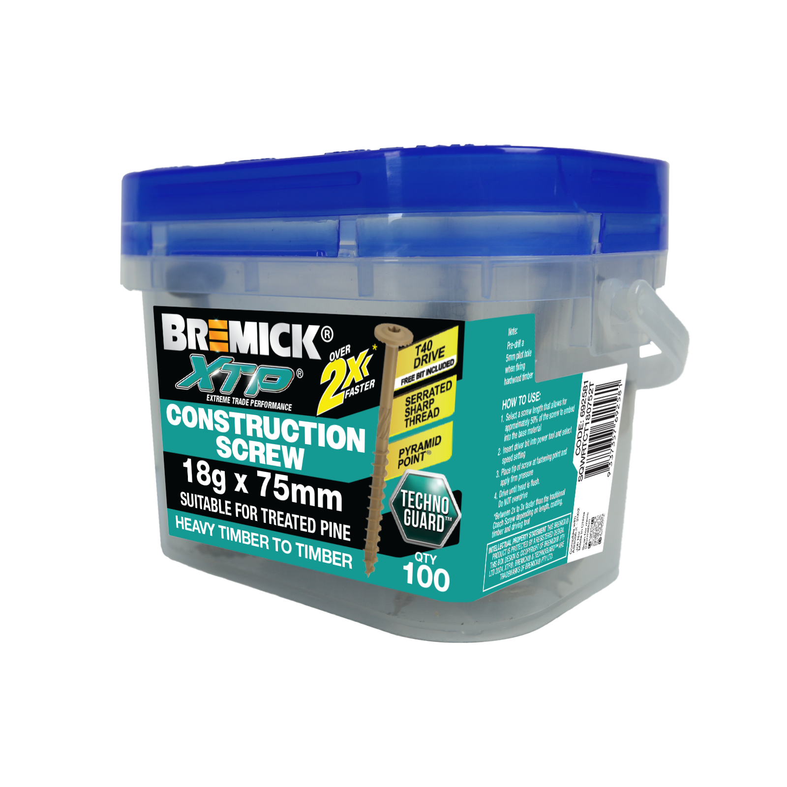 Bremick XTP 18g x 75mm TechnoGuard Tan T40 Serrated Washer Head Construction Screw - 100 Pack