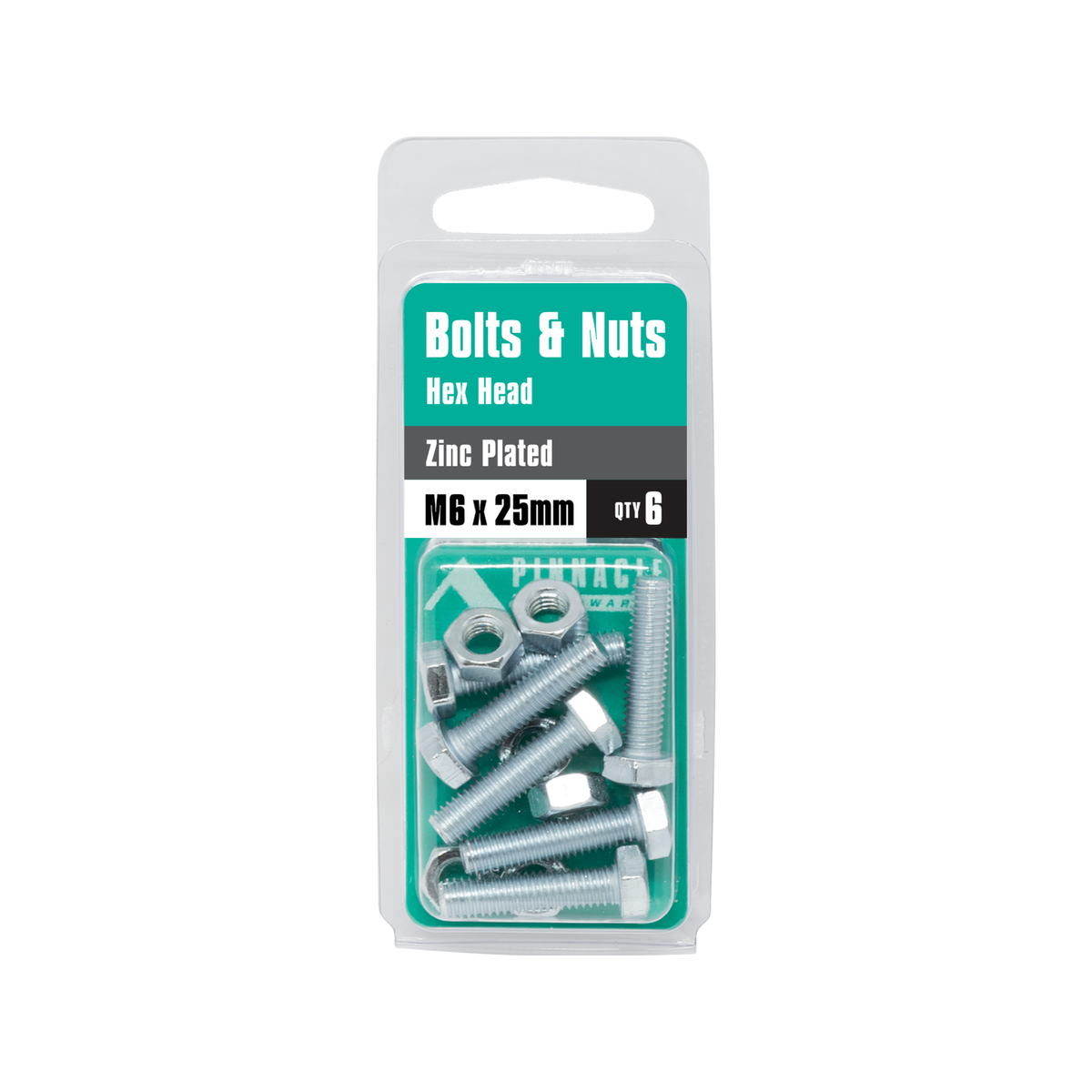 Pinnacle M6 x 25mm Zinc Plated Hex Head Bolts and Nuts - 6 Pack