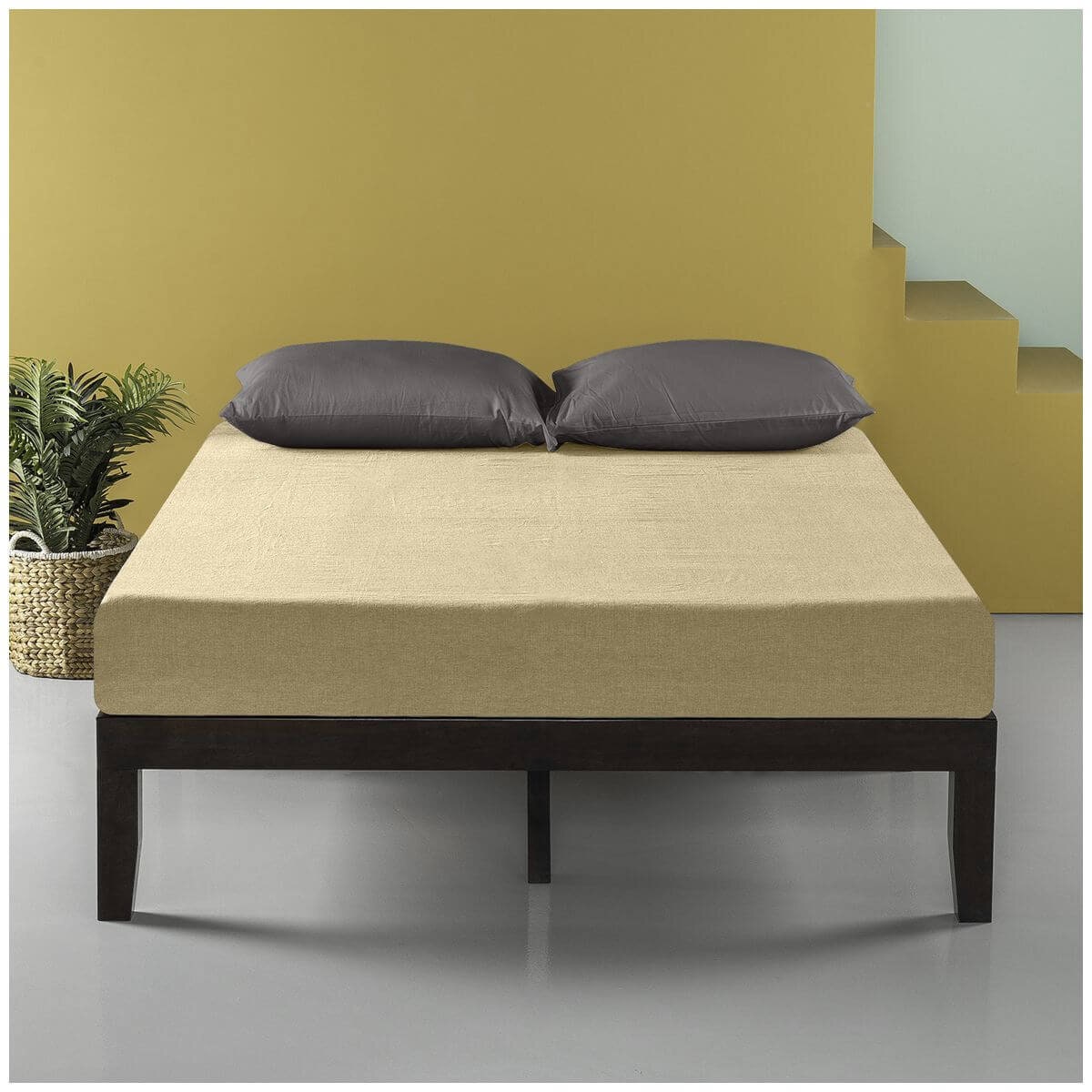 Zinus Moiz queen timber bed base - dark brown pine wood frame, flat wooden slats - AU-RWPBD-14Q