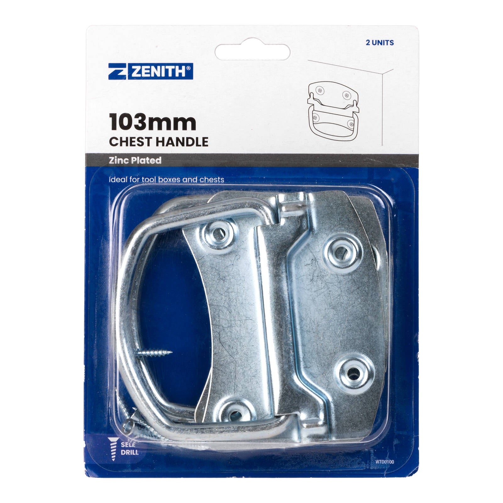 Zenith 103mm Zinc Plated Steel Chest Handle, 2 Pack for Tool Boxes & Chests