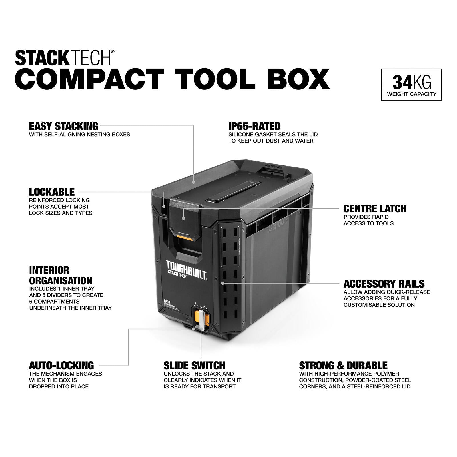 ToughBuilt StackTech Compact Tool Box - Lockable Organiser with Removable Tray