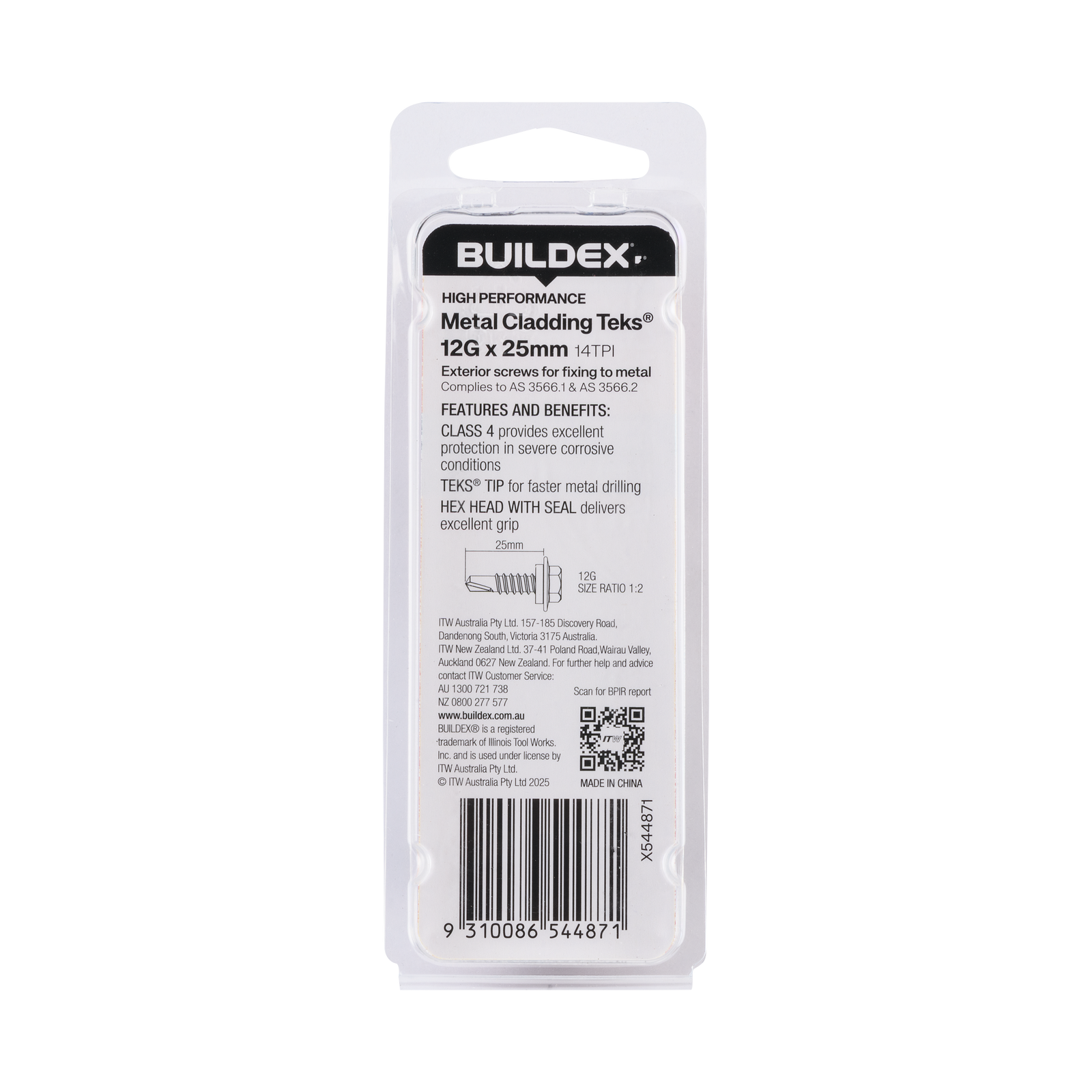 Buildex 12G x 25mm Class 4 Metal Cladding Hex Head TEKS Screws with Seal, 10 Pack