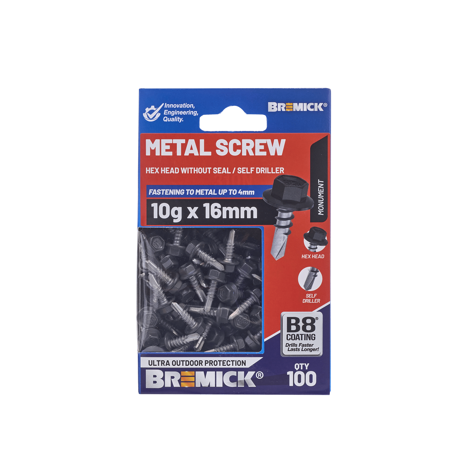 Bremick 10g x 16mm Hex Metal Screw, Carbon Steel B8 Monument, Drill Point Fine Thread - 100 Box