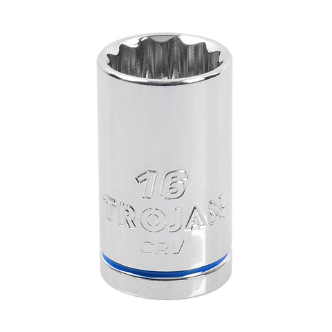 Trojan 16mm Socket 1/2" Drive, Chrome Vanadium 12 Point Metric