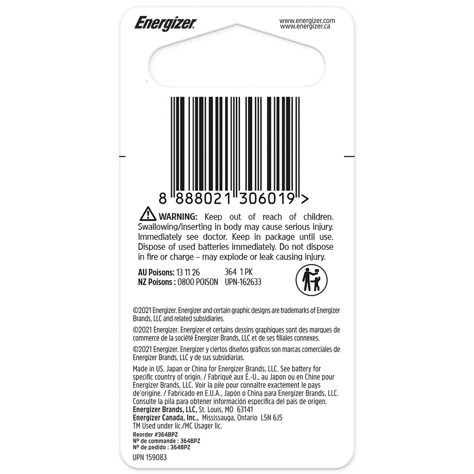 Energizer 364/363 Silver Oxide Button Battery 1 Pack