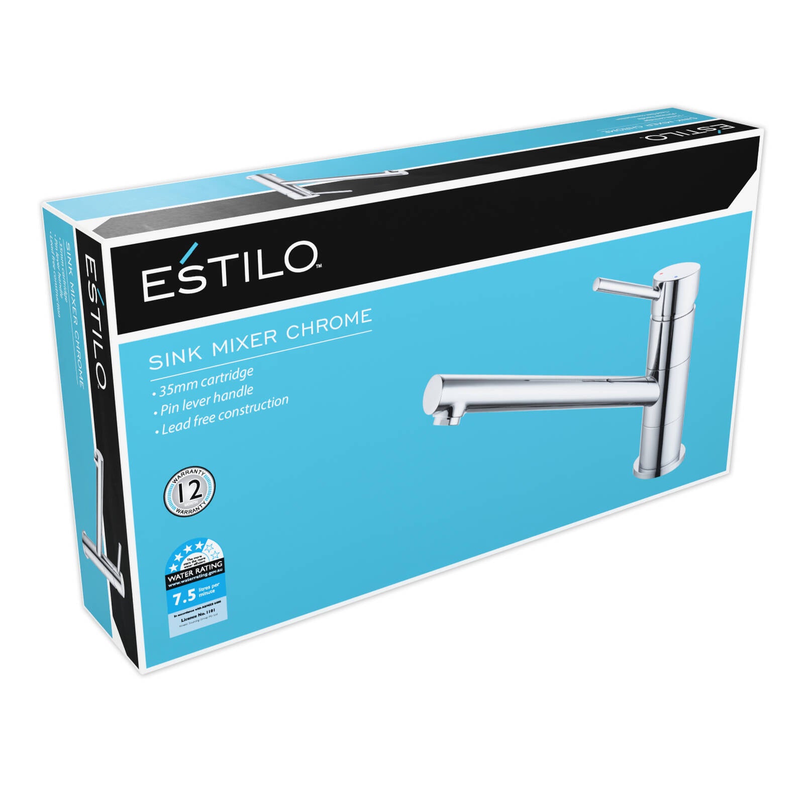Estilo 35mm Chrome Pin Lever Sink Mixer - 4 Star WELS, 7.5L/min