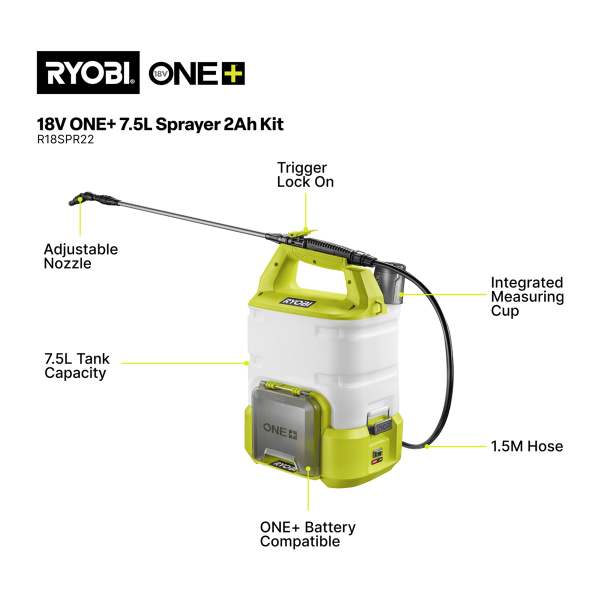 Ryobi 7.5L Garden Sprayer Kit - 18V ONE+ Battery & Charger - Pest Control - SuperSaverAU - view 2
