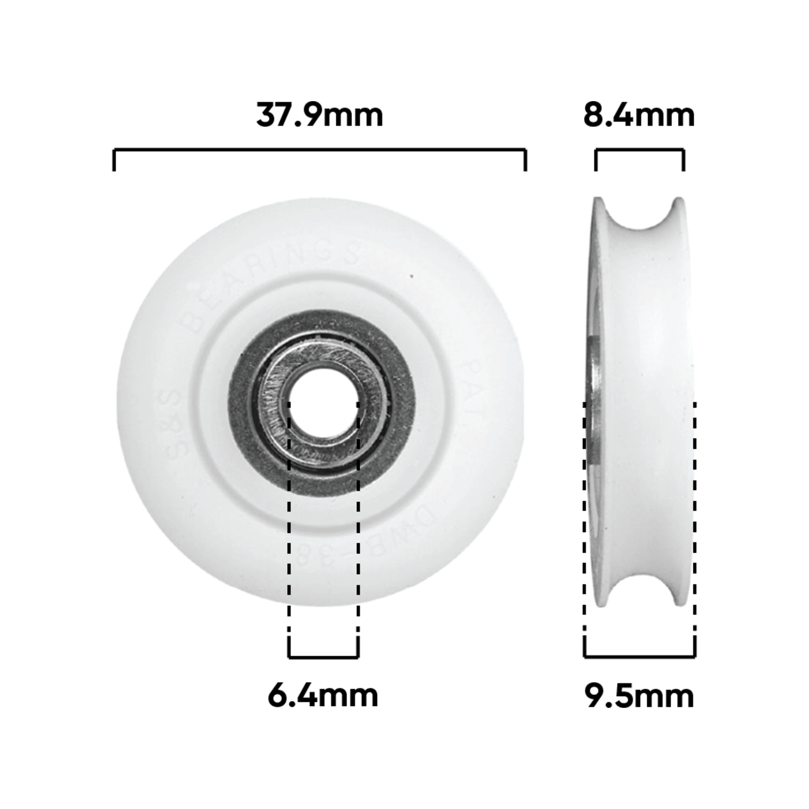 Rolltrak 38mm Acetal Concave Replacement Roller, Patio Door, White