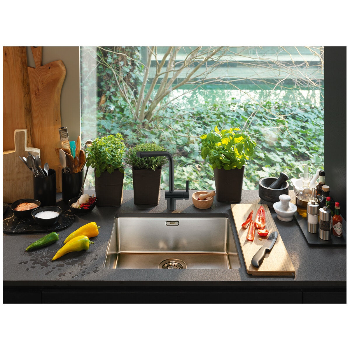 Franke Square Neck Mixer Tap - Black Steel Gooseneck Spout 180-Degree Swivel 5 Star - TA9700BS