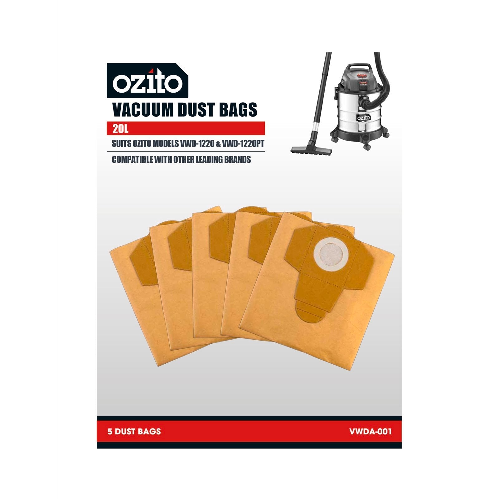 Ozito 20L Replacement Vacuum Dust Bags 5 Pack - Paper Wet & Dry Vac Bags