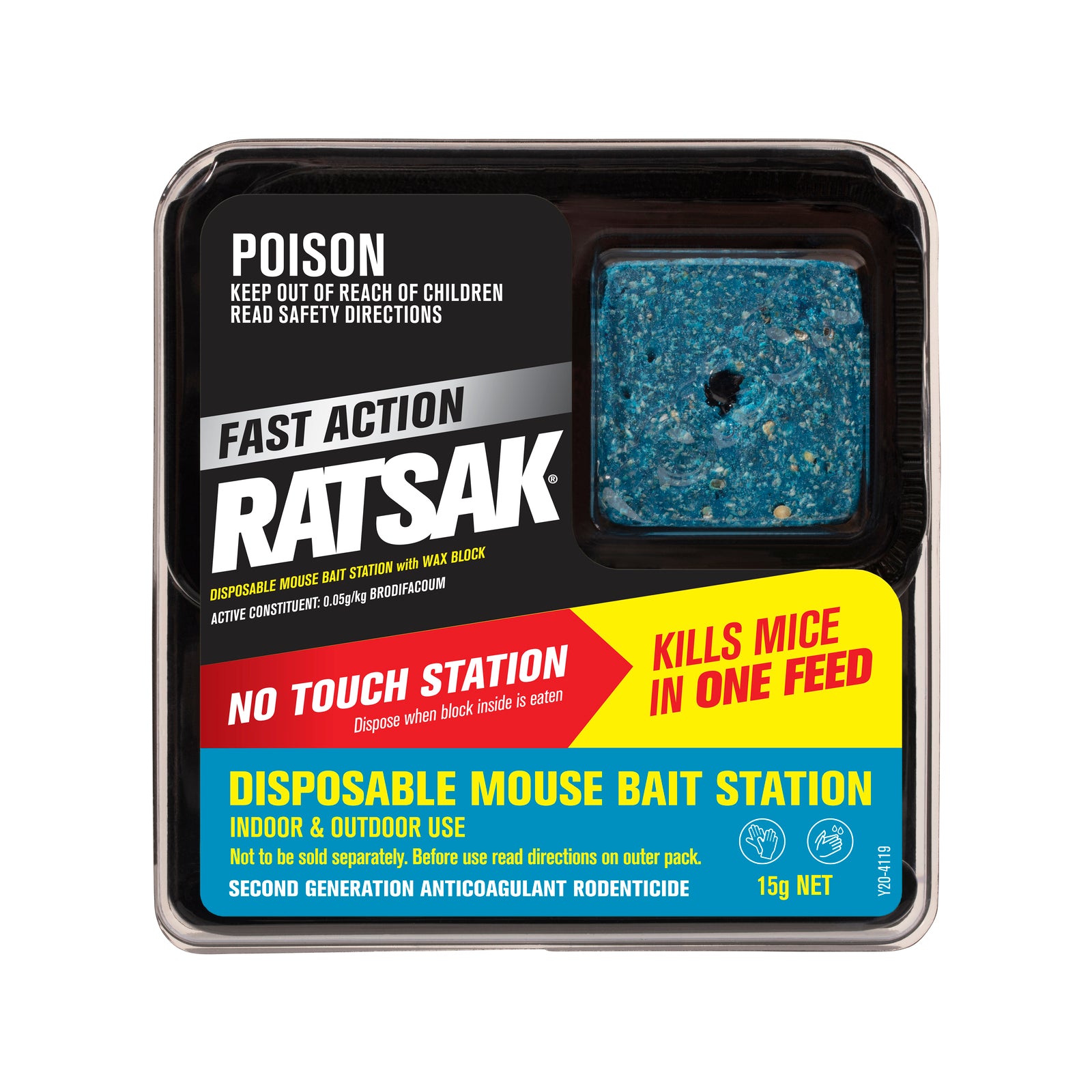 RATSAK Fast Action Disposable Mouse Bait Station with Wax Block, Pre-Baited, Indoor & Outdoor