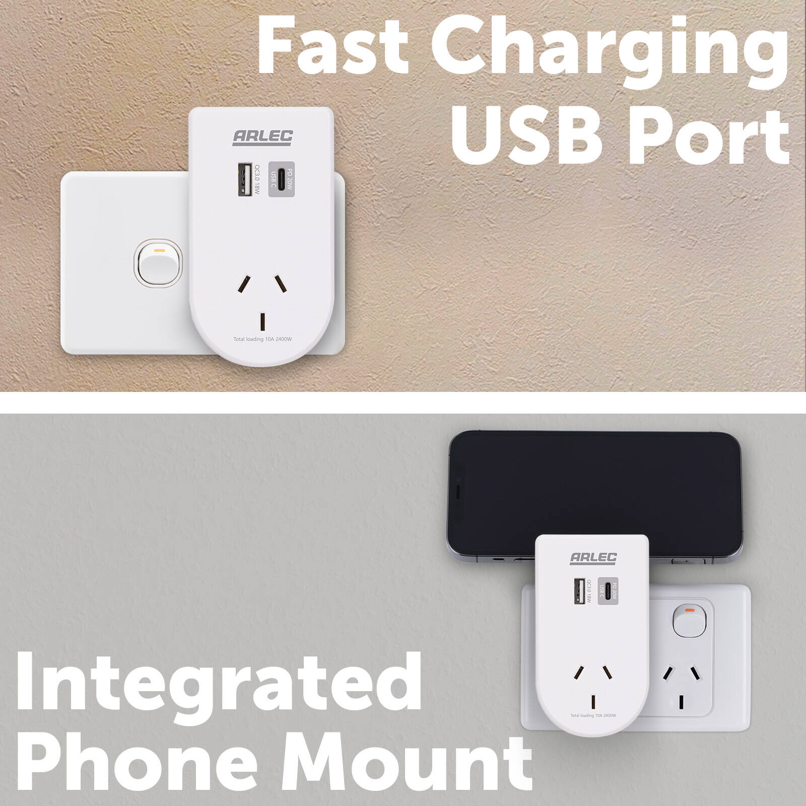 Arlec Power Adaptor with Integrated Phone Mount and PD20W USB Matt White DA35PD20