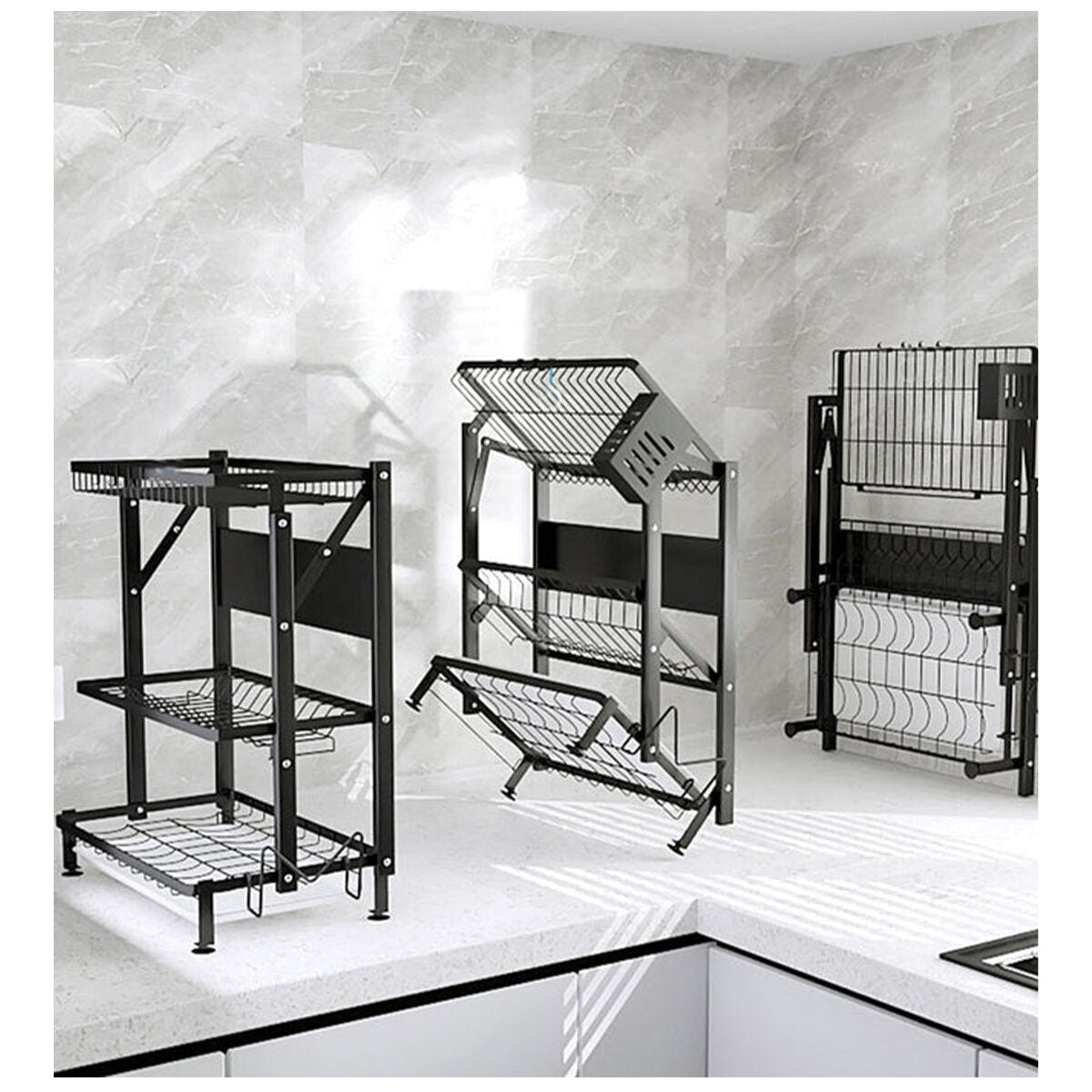 SOGA two-tier kitchen organiser - Black carbon steel with cutlery and cutting board holders - KITCHENXY048