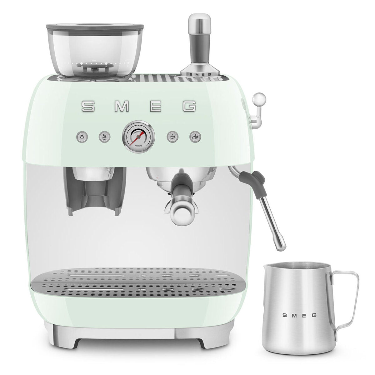 Smeg 50s Style Espresso Machine with Built-in Grinder - 20 Bar, Dual Thermoblock, Pastel Green - EGF03PGAU