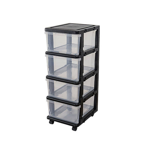 4 Tier Plastic Drawer Storage Cabinet with Wheels - Black Frame and Clear Drawers