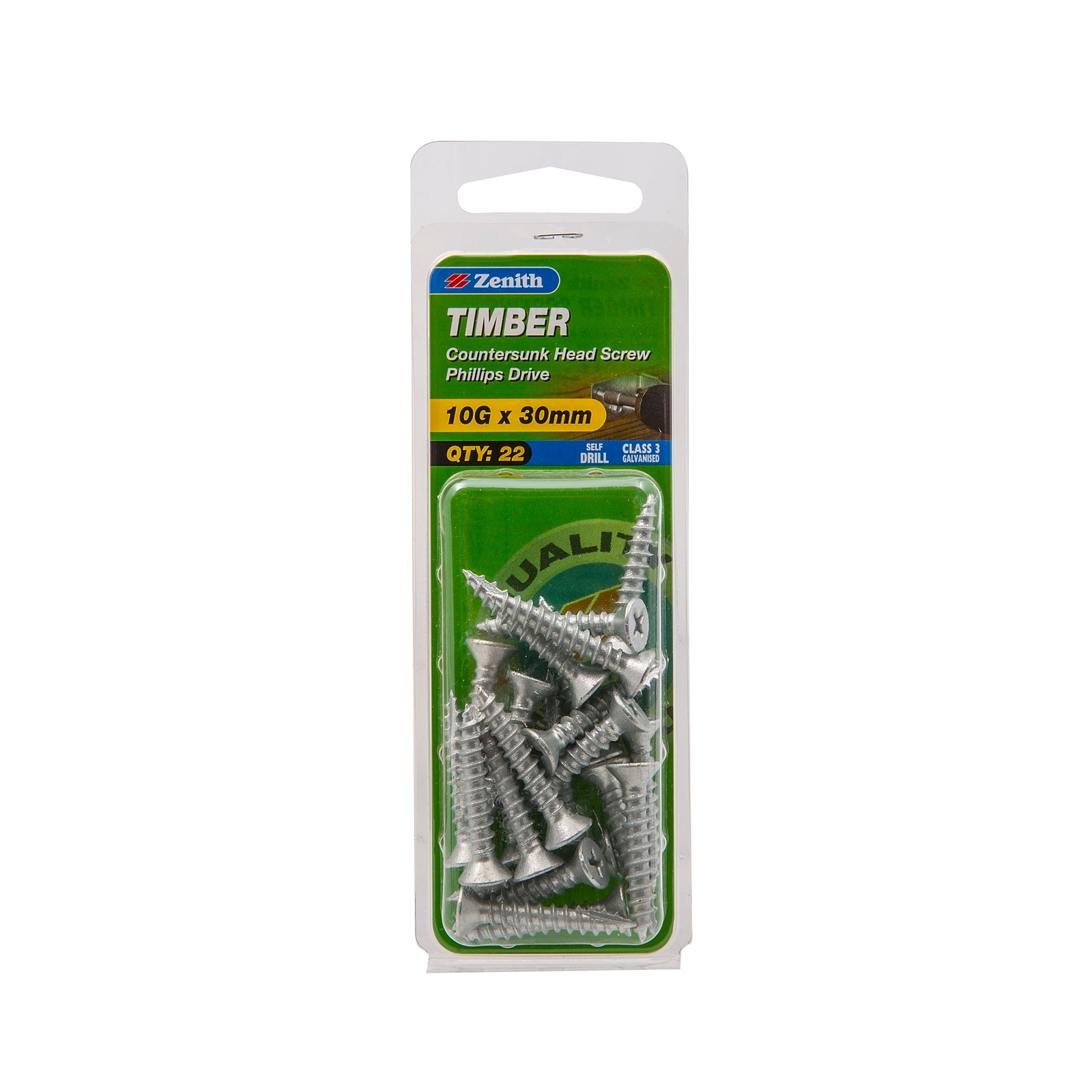 Zenith 10G x 30mm Galvanised Countersunk Timber Screws - 22 Pack