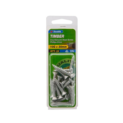 Zenith 10g Galvanised Countersunk Head Timber Screws 22 Pack - 30mm - Self-Drilling - SuperSaverAU - view 1
