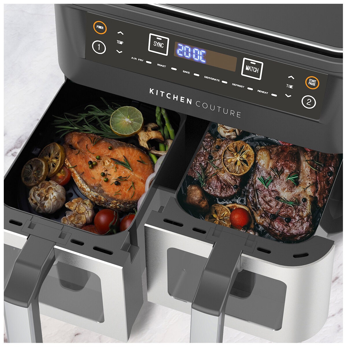 Kitchen Couture Dual View Twin Basket Air Fryer 10L - Black and Silver - Viewing Windows - 10004409