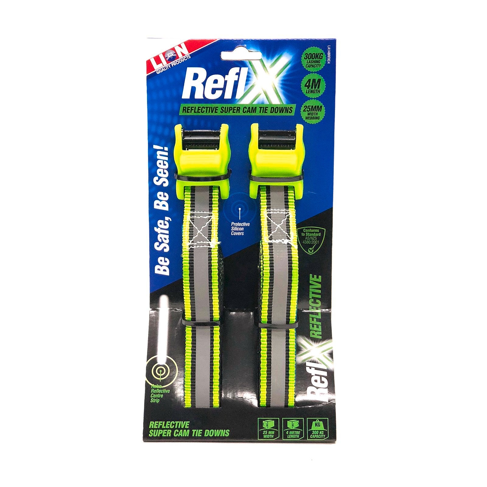 Lion 4m 300kg Green Premium Polyester Reflective Super Cam Buckle Tie Down 2 Pack UV Protected Weather Resistant
