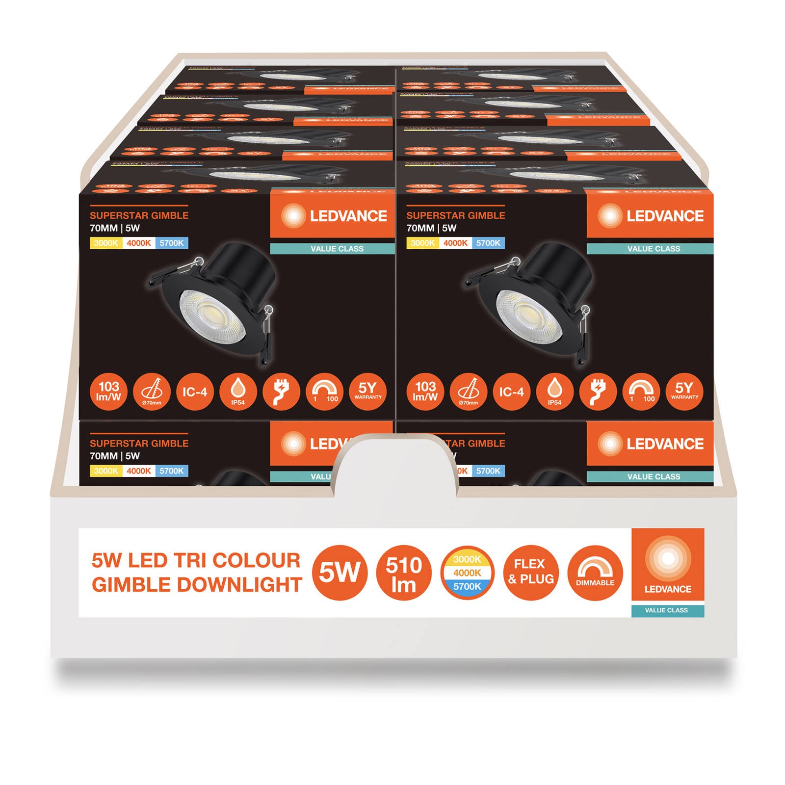 Ledvance 5W LED Gimble Downlight 70mm Black Tri-Colour Dimmable Plug-In Indoor