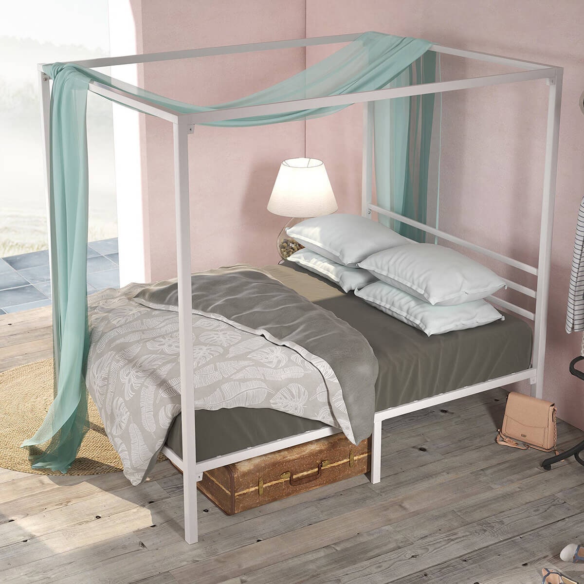 Zinus Patricia queen metal canopy bed frame - white finish, 35cm under-bed clearance - AU-CPBFW-Q