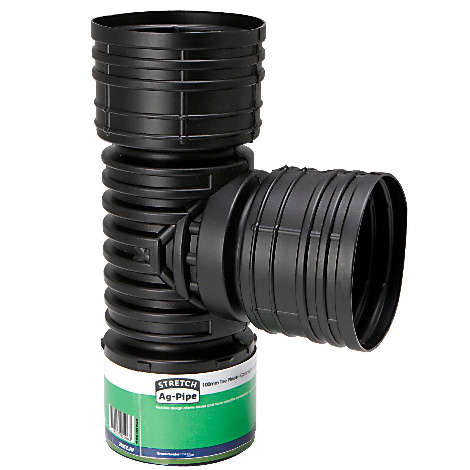 Reln Stretch Ag-Pipe 100mm T-Piece, Black Push-to-Connect Plastic Fitting