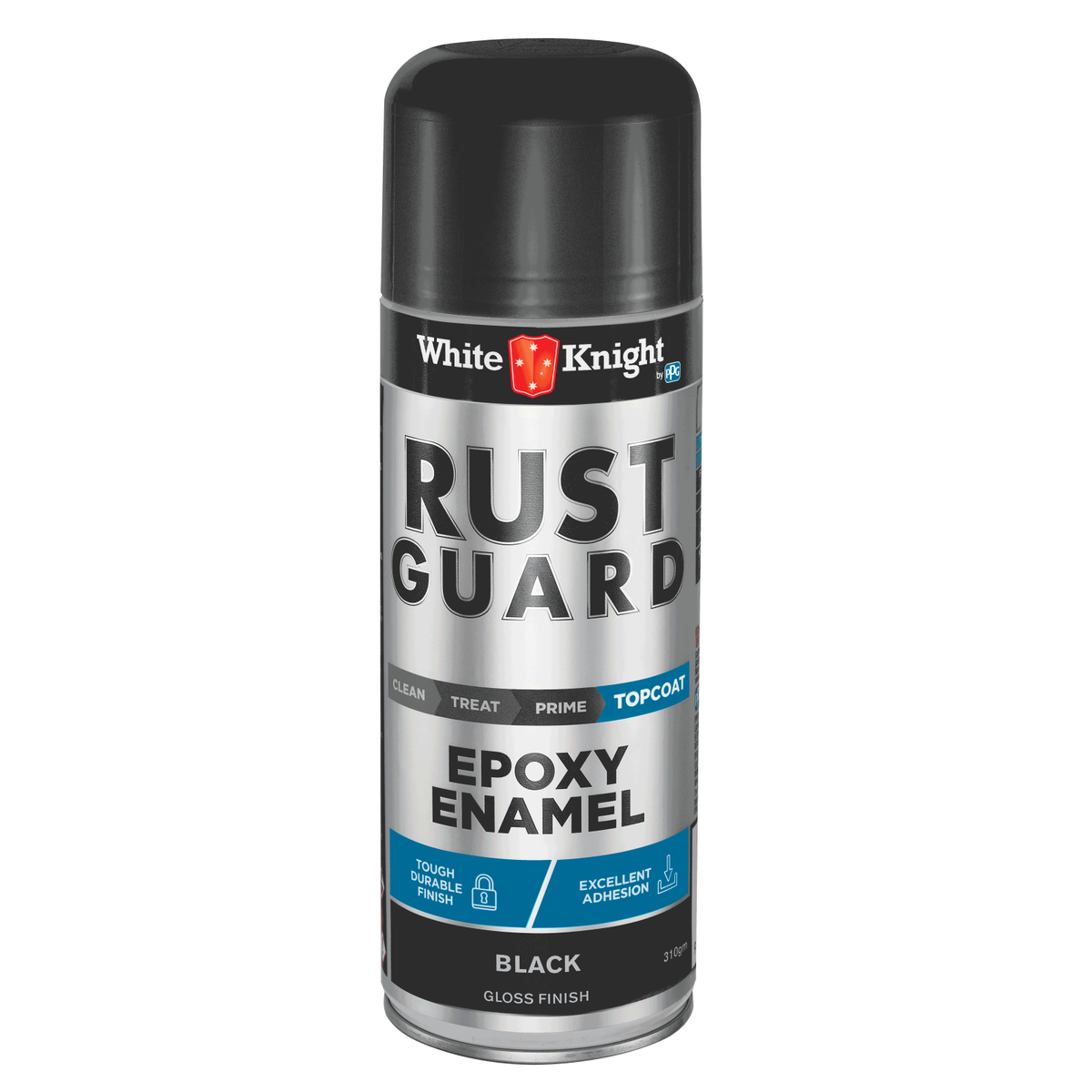 White Knight Rust Guard Epoxy Enamel Spray Paint 310g - Black Gloss, Solvent Based Metal Finish