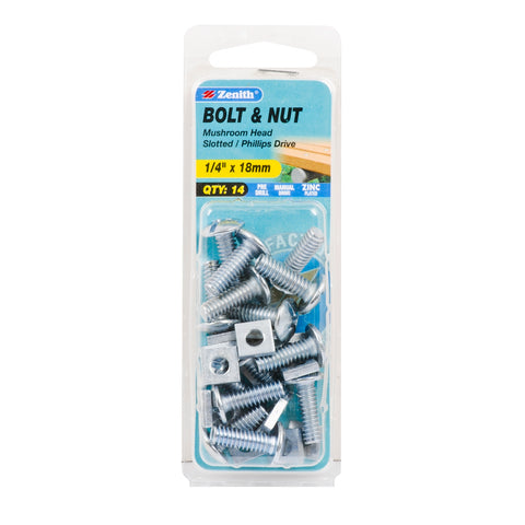 Zenith 1/4" x 18mm Zinc Plated Mushroom Head Bolt and Nut - 14 Pack