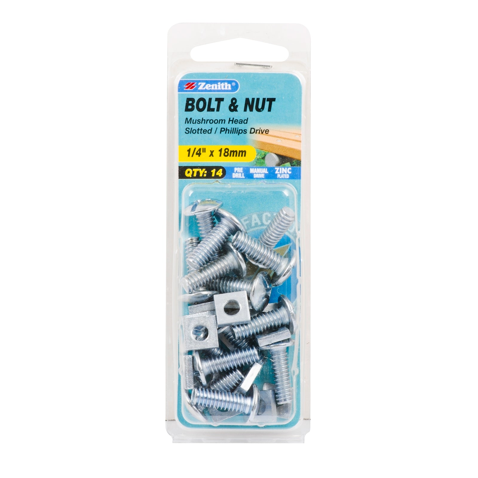 Zenith 1/4" x 18mm Zinc Plated Mushroom Head Bolt and Nut - 14 Pack
