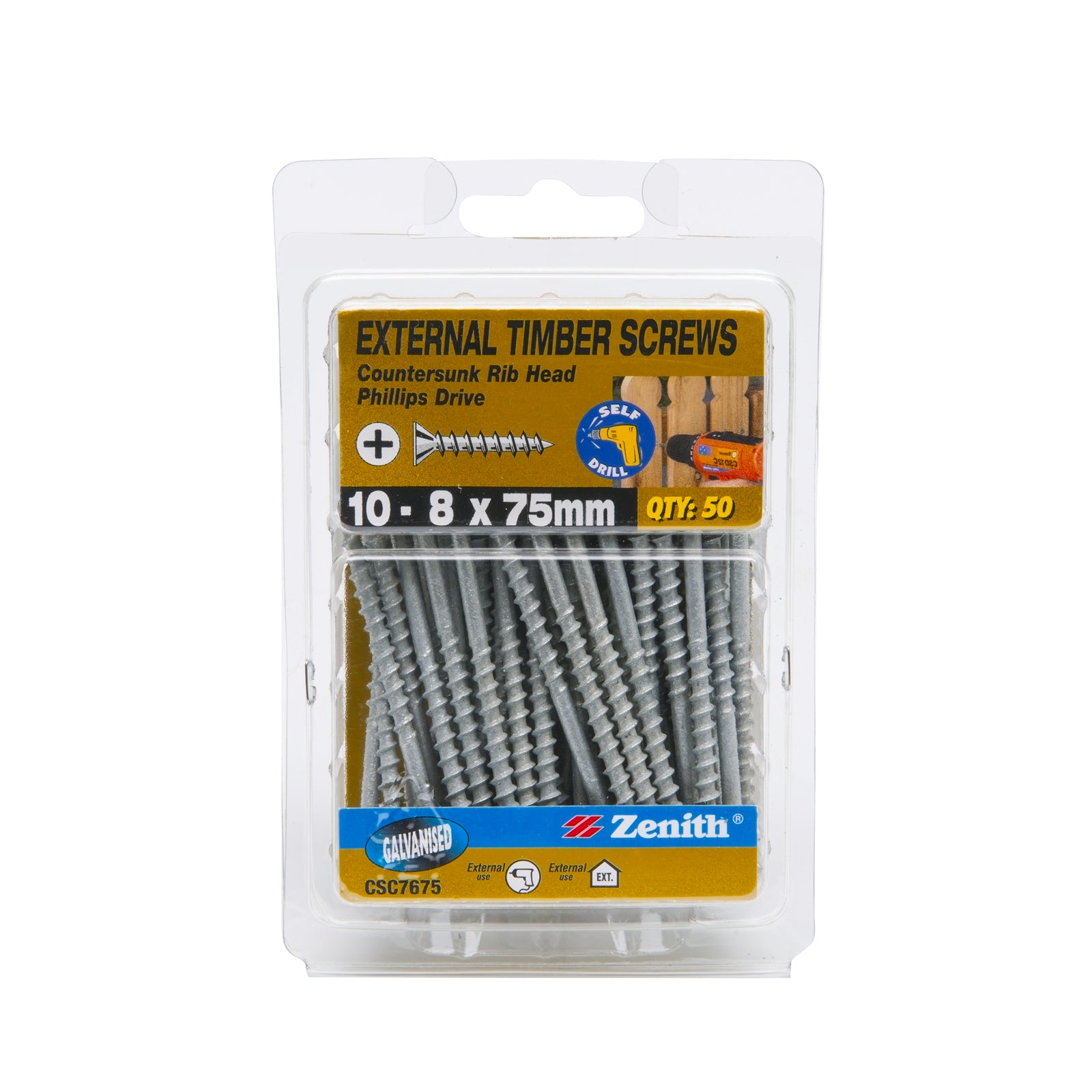Zenith 10-8 x 75mm Galvanised Countersunk Rib Head Timber Screws - 50 Pack