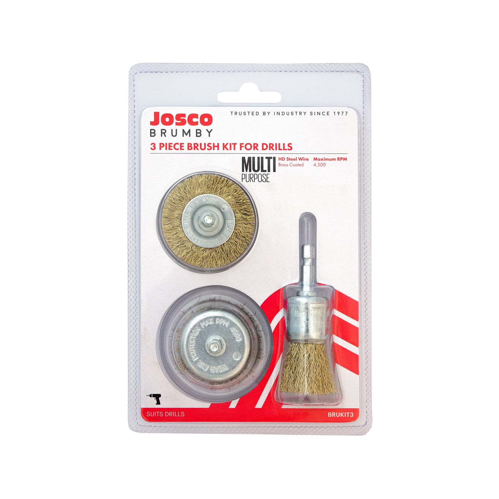 Josco 3 Piece Drill Brush Kit, Brass Coated High Carbon Steel Wire, 1/4" Hex Shank