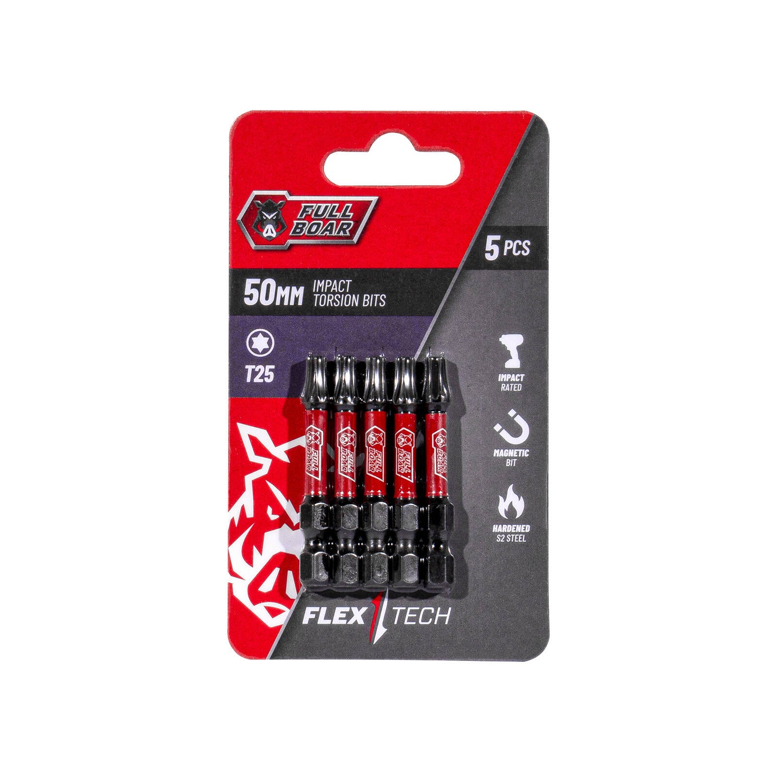 Full Boar T25 x 50mm Impact Torsion Bits Set - 5 Pack, S2 Steel, 1/4" Hex