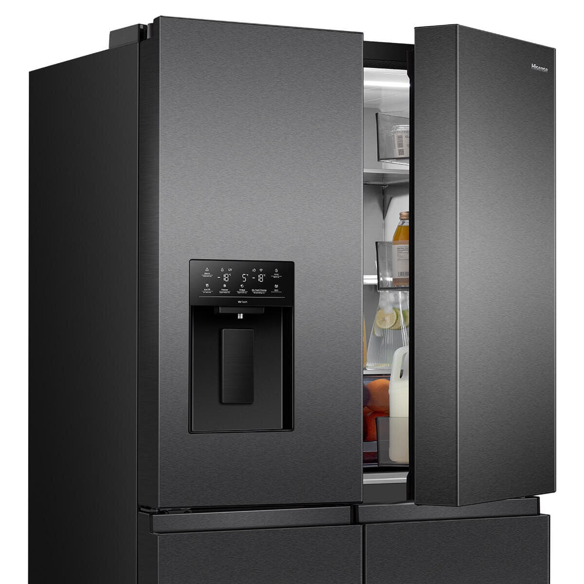 Hisense 640L Quad Door Fridge - Dark Stainless Steel - Non-Plumbed Ice and Water Dispenser - HRCD640TBW
