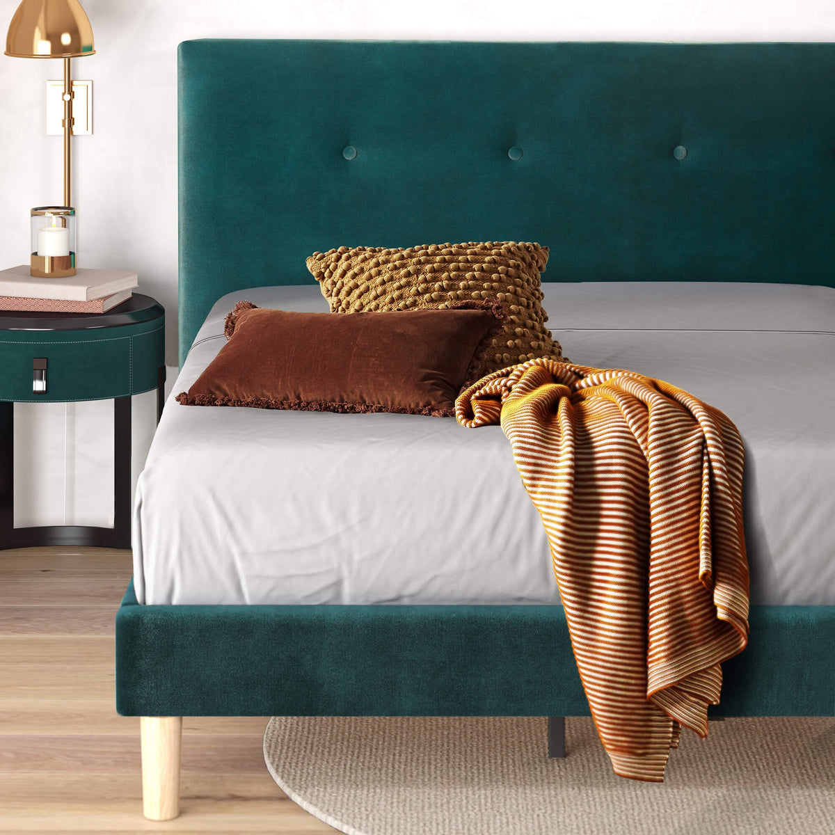Zinus Double Upholstered Bed Base - Green Velvet, Padded Headboard, Slatted Base, 150kg - AU-FPPOPB-12D