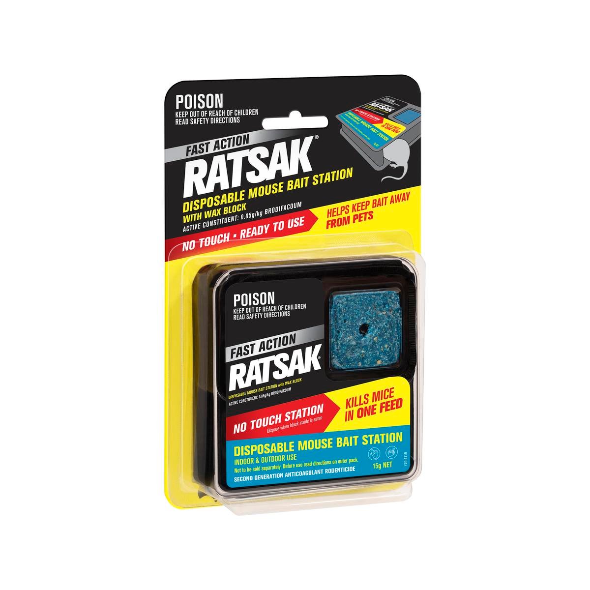 RATSAK Fast Action Disposable Mouse Bait Station with Wax Block, Pre-Baited, Indoor & Outdoor