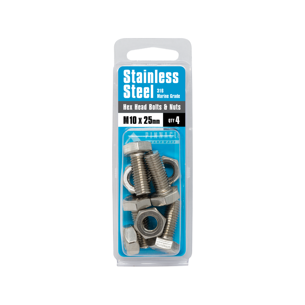 Pinnacle Hardware M10 x 25mm 316 Stainless Steel Hex Head Bolts And Nuts 4 Pack
