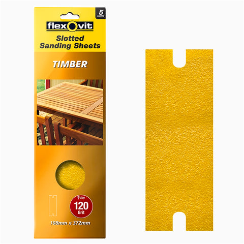Flexovit 108 x 372mm 120 Grit Timber Slotted Sanding Sheets, Aluminium Oxide, 5 Pack